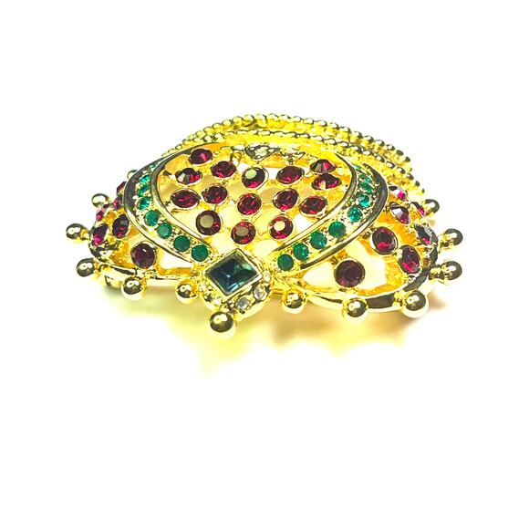 Kenneth Jay Lane Vintage Crown Brooch Pin Gold Tone Red Green Rhinestone - Picture 3 of 9